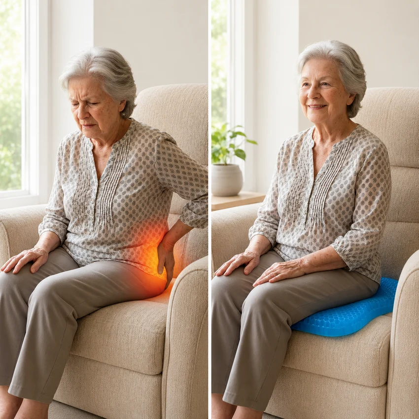Split image: on the left an elderly woman sits wincing in an armchair with a red glow at her hip and tailbone; on the right the same woman sits comfortably and smiling on a blue gel cushion.