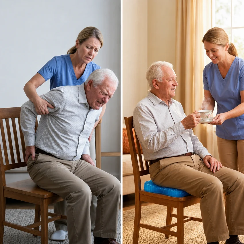 Split image: on the left an elderly man sits in discomfort on a wooden dining chair while a caregiver attends to him; on the right he is relaxed on a MediGel cushion as the caregiver brings tea.