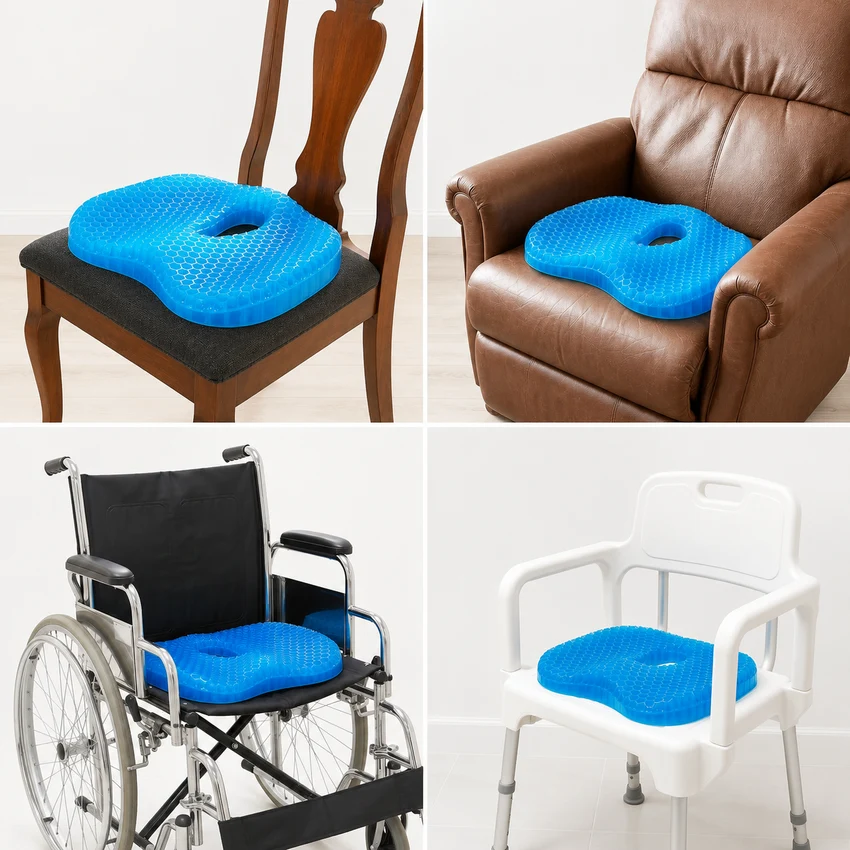 Four-panel grid showing the MediGel cushion placed on a dining chair, a leather recliner, a wheelchair and a shower or commode chair.