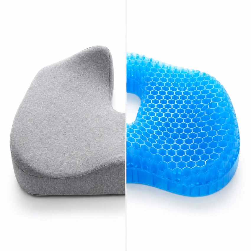 Side-by-side comparison of a grey foam cushion collapsing under load next to the blue honeycomb MediGel gel cushion holding its shape.