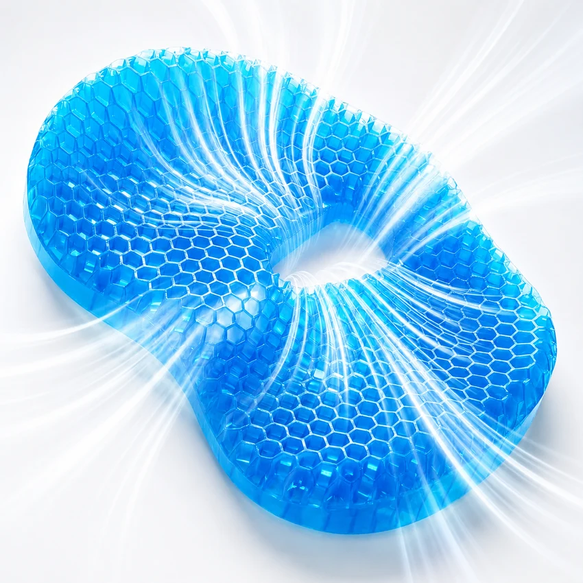 The blue honeycomb gel MediGel cushion shown from above with white streams illustrating airflow moving through the open grid.