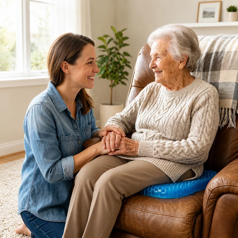A daughter kneeling beside her elderly mother's recliner, holding her hands, with the MediGel cushion visible on the seat.