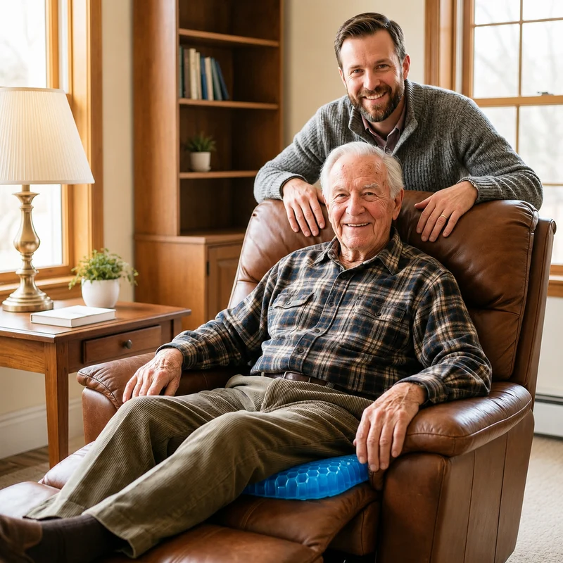 An adult son standing behind his elderly father who is seated and smiling in a recliner with the MediGel cushion visible on the seat.