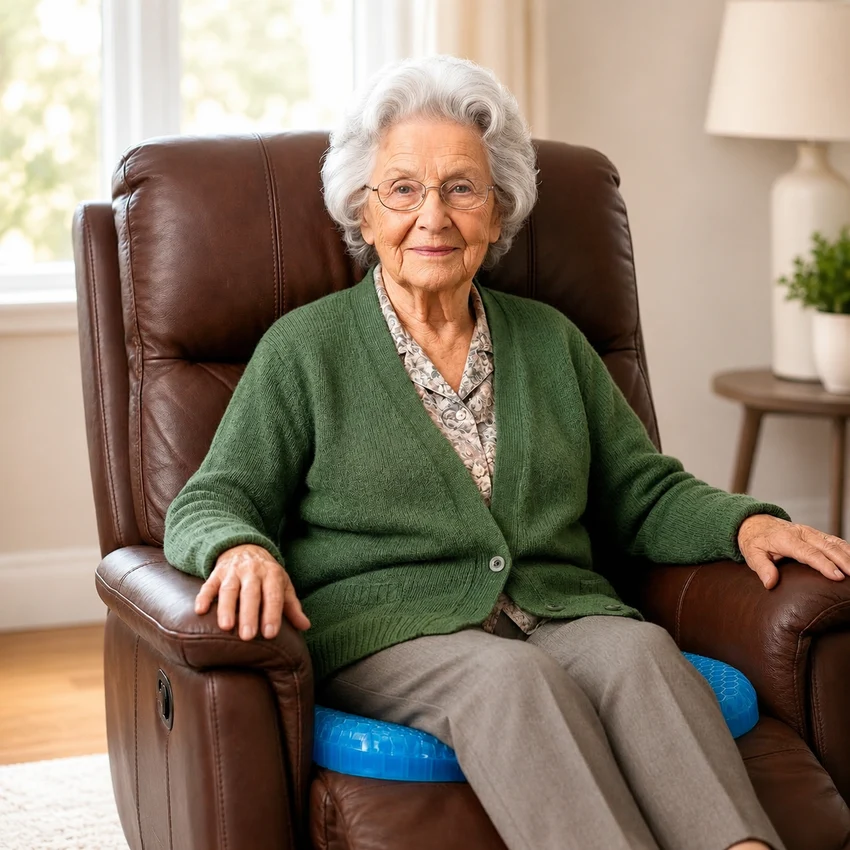 An elderly woman in a green cardigan sitting content in a leather recliner on a MediGel cushion.