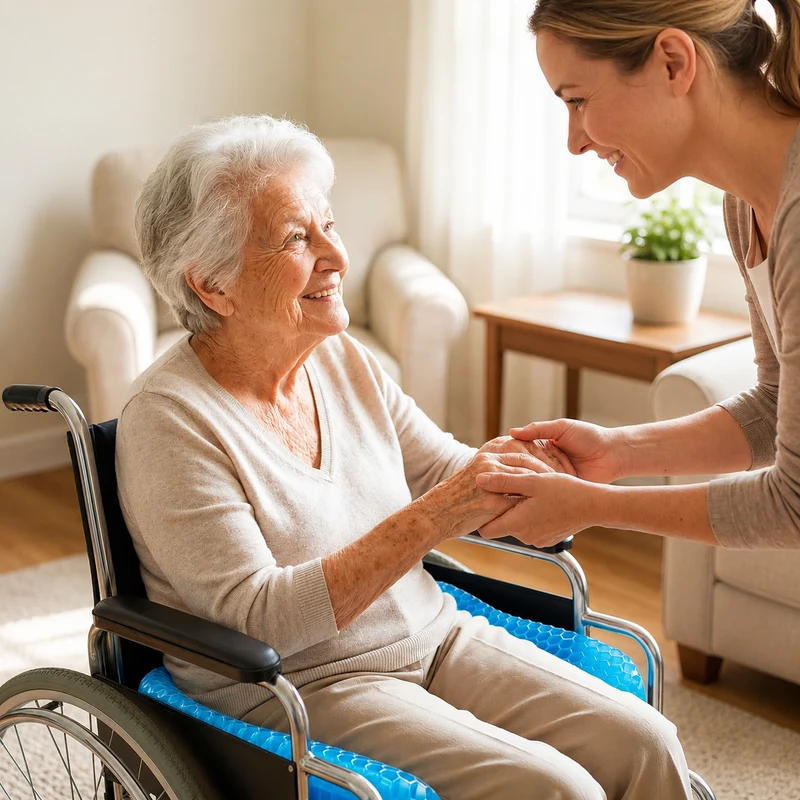 An elderly woman seated in a wheelchair with the MediGel cushion on the seat, holding hands with her caregiver.
