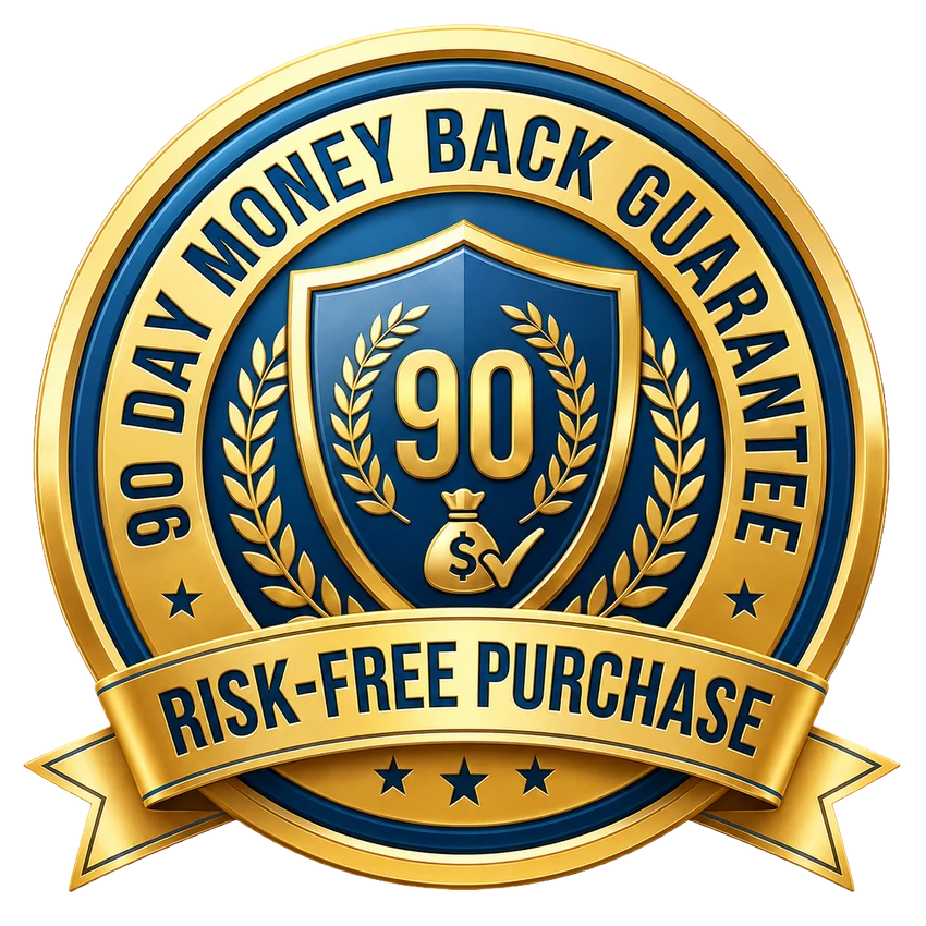 Gold and blue seal badge reading 90-Day Money Back Guarantee.