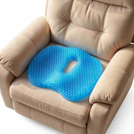 The MediGel gel seat cushion resting on a beige recliner, with the tailbone cut-out visible.